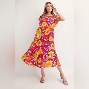 Floral Fuschia Tiered Maxi/Midi Dress NWT